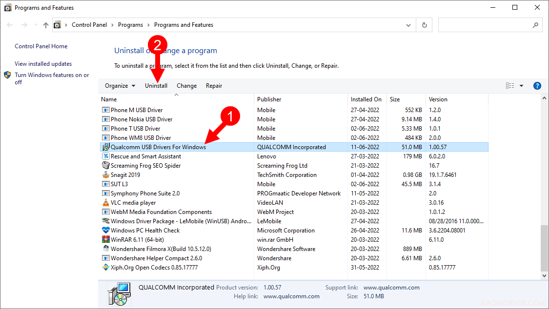 Program and Features Qualcomm Driver Uninstall
